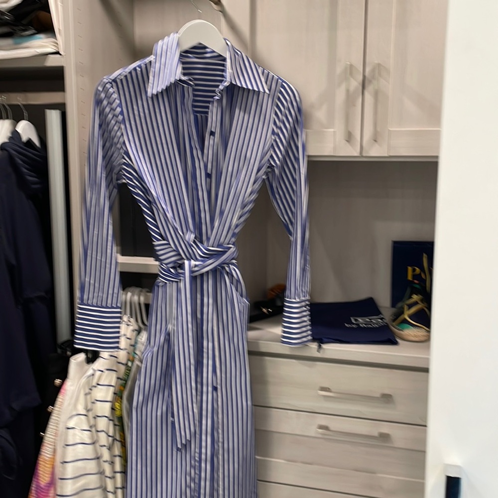 Blue and White Striped Midi Wrap Shirt Dress